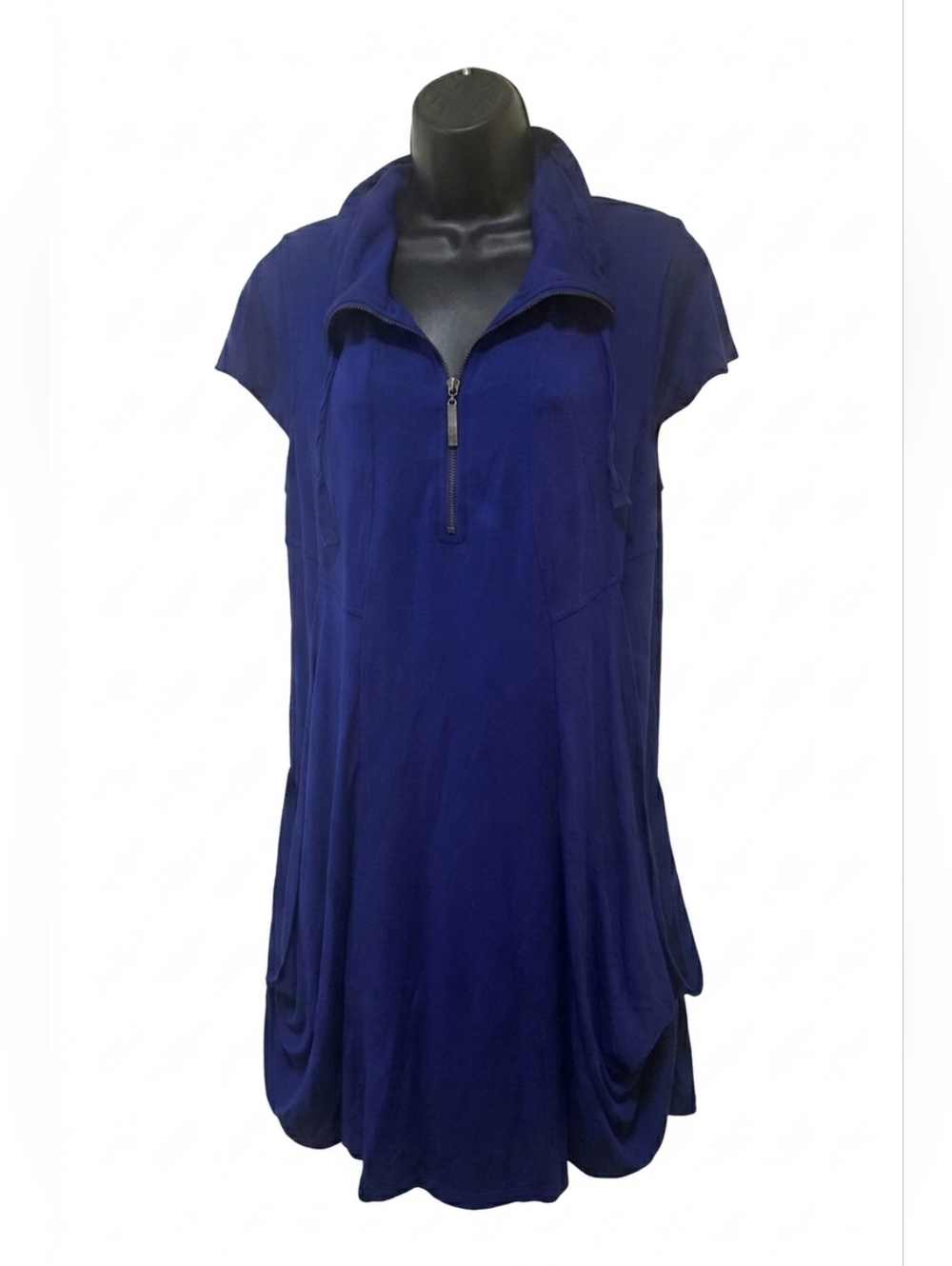 -Kensie Royal Blue Zip Front Tunic Dress Draped Pockets Short Sleeve Jersey